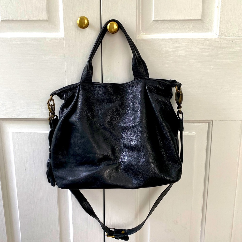 Soft Leather Black Cross Body Tote Bag